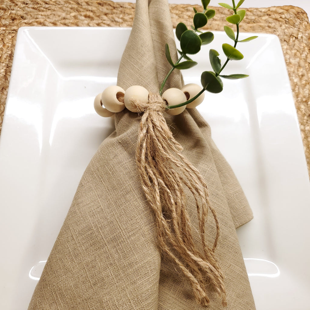 Set de 6 serviettes et ronds de serviette en lin (100 %) grès