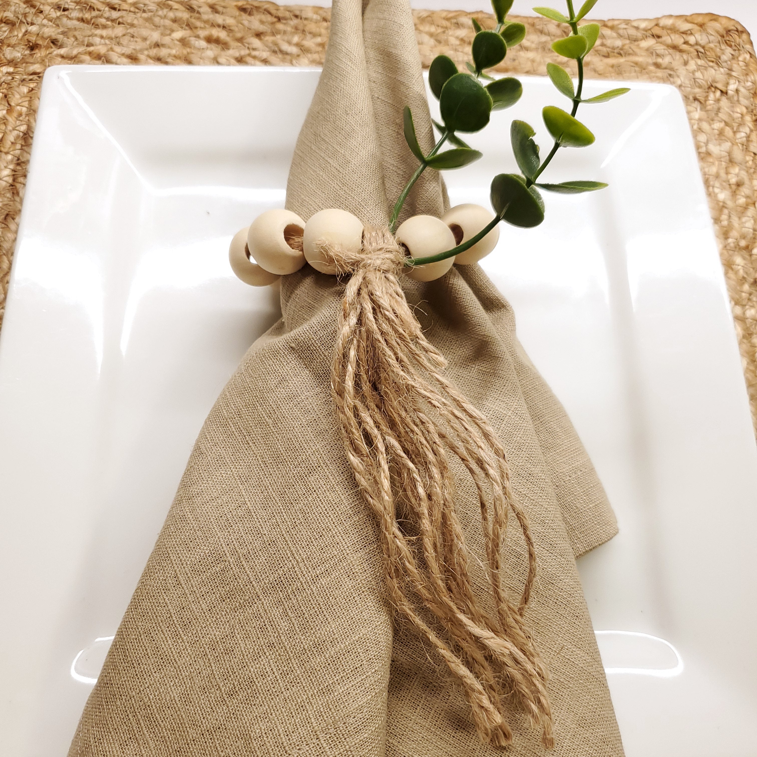 Set de 6 serviettes et ronds de serviette en lin (100 %) grès