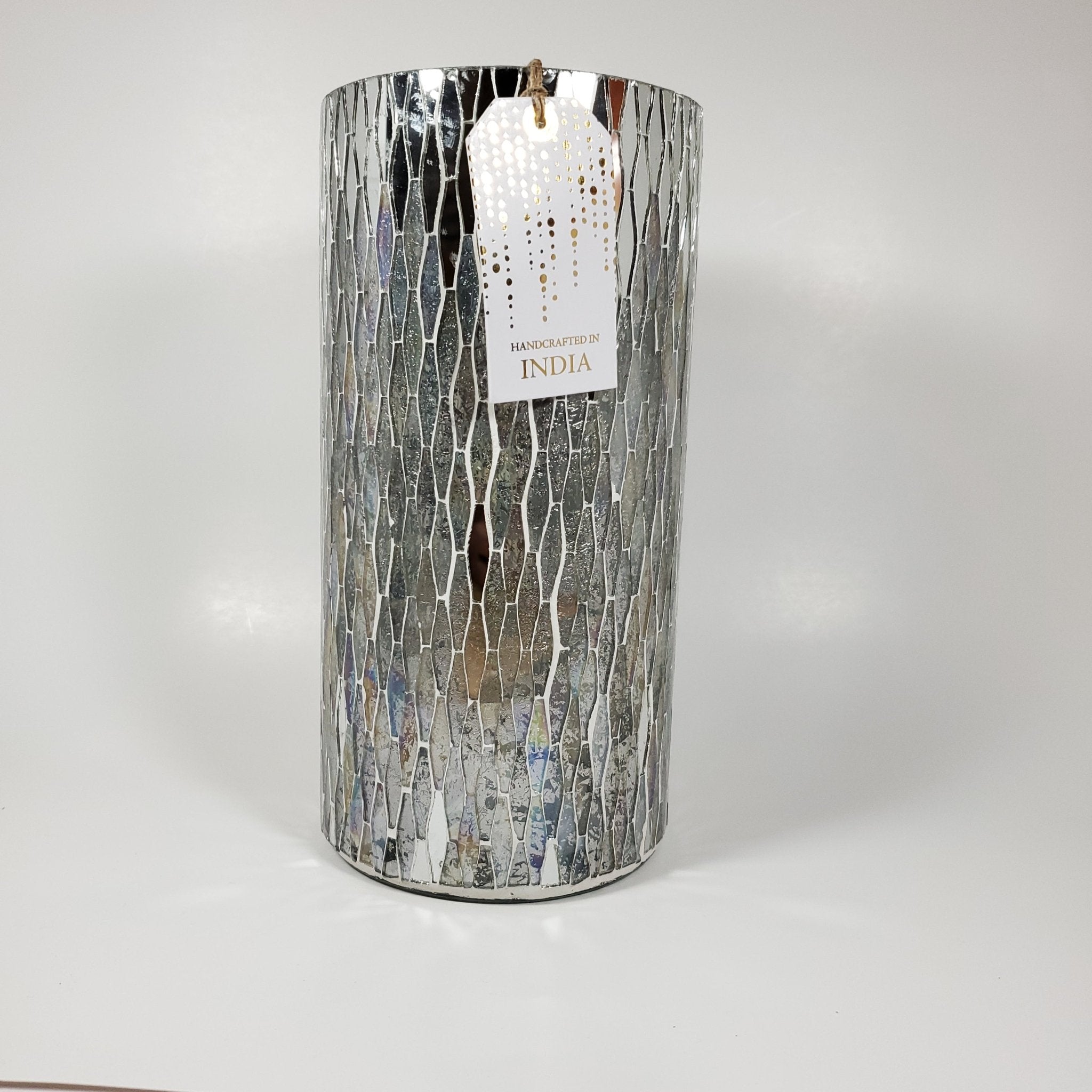Silver mosaic glass vase front view showcasing country of origin