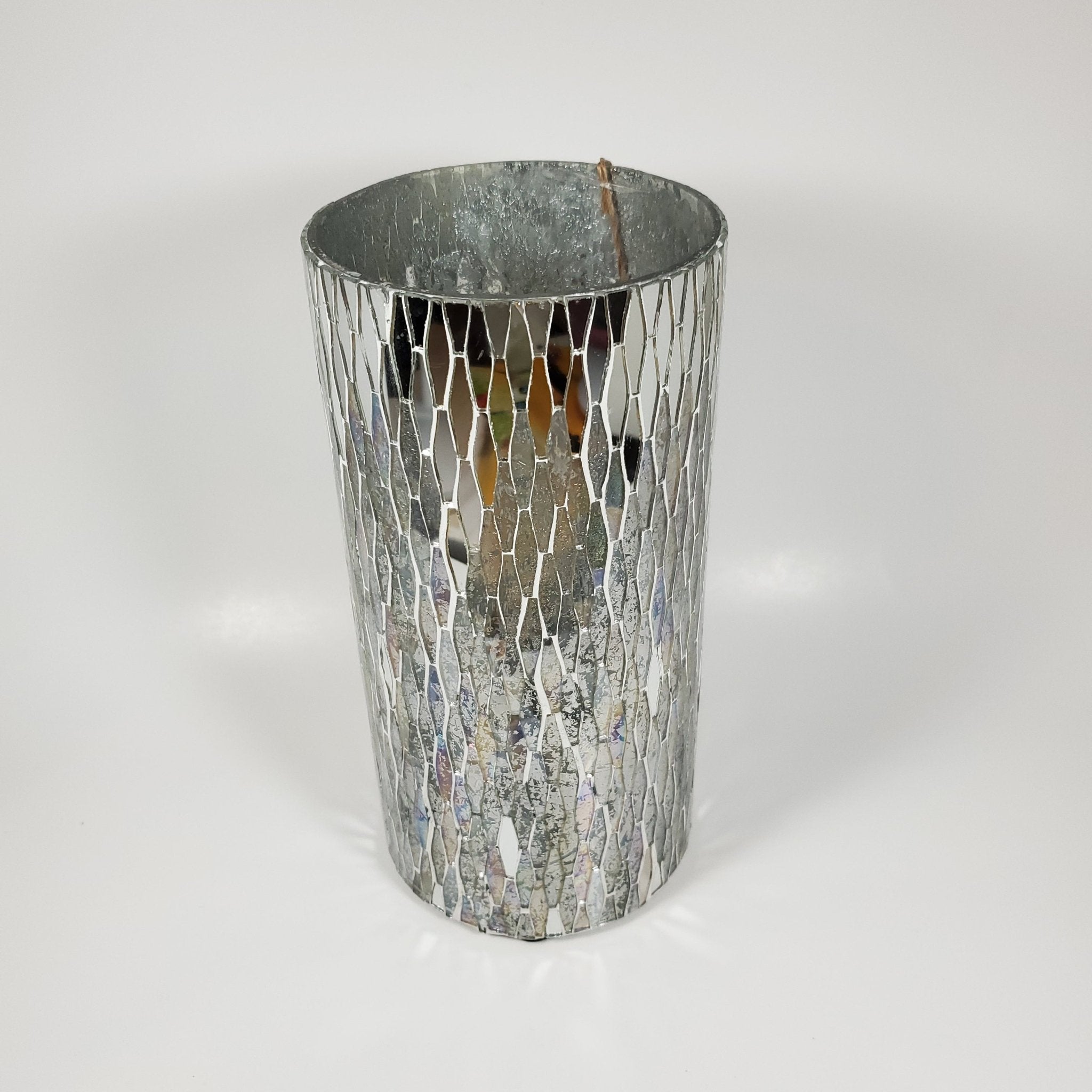 Silver mosaic glass vase angled front view