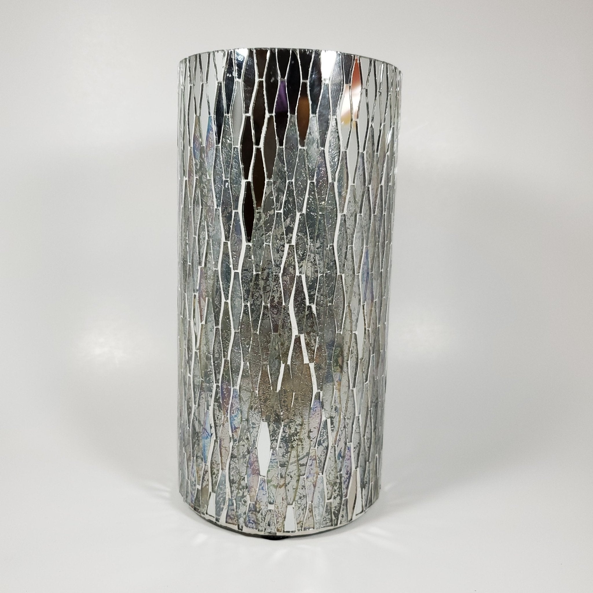 Silver mosaic glass vase front view zoomed in