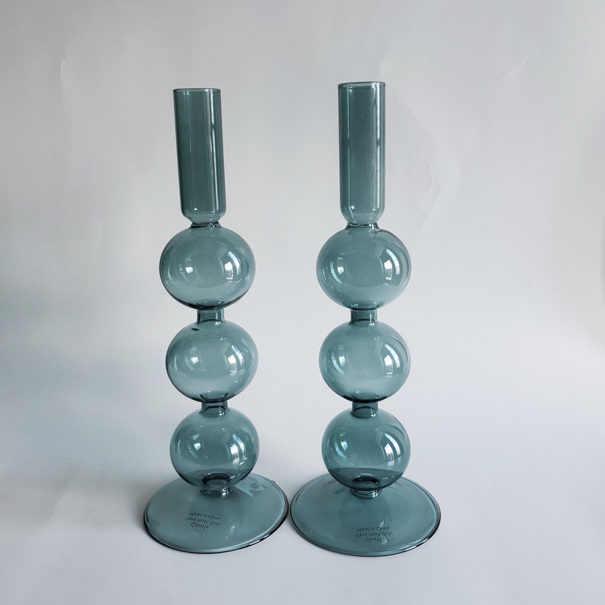 Teal volute tapered candle holder set of 2  