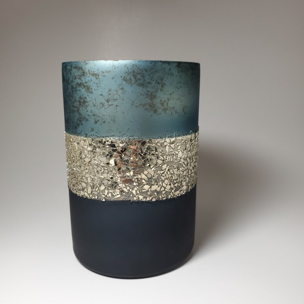 Two-toned blue and gold glass candle holder for elegant home décor front view
